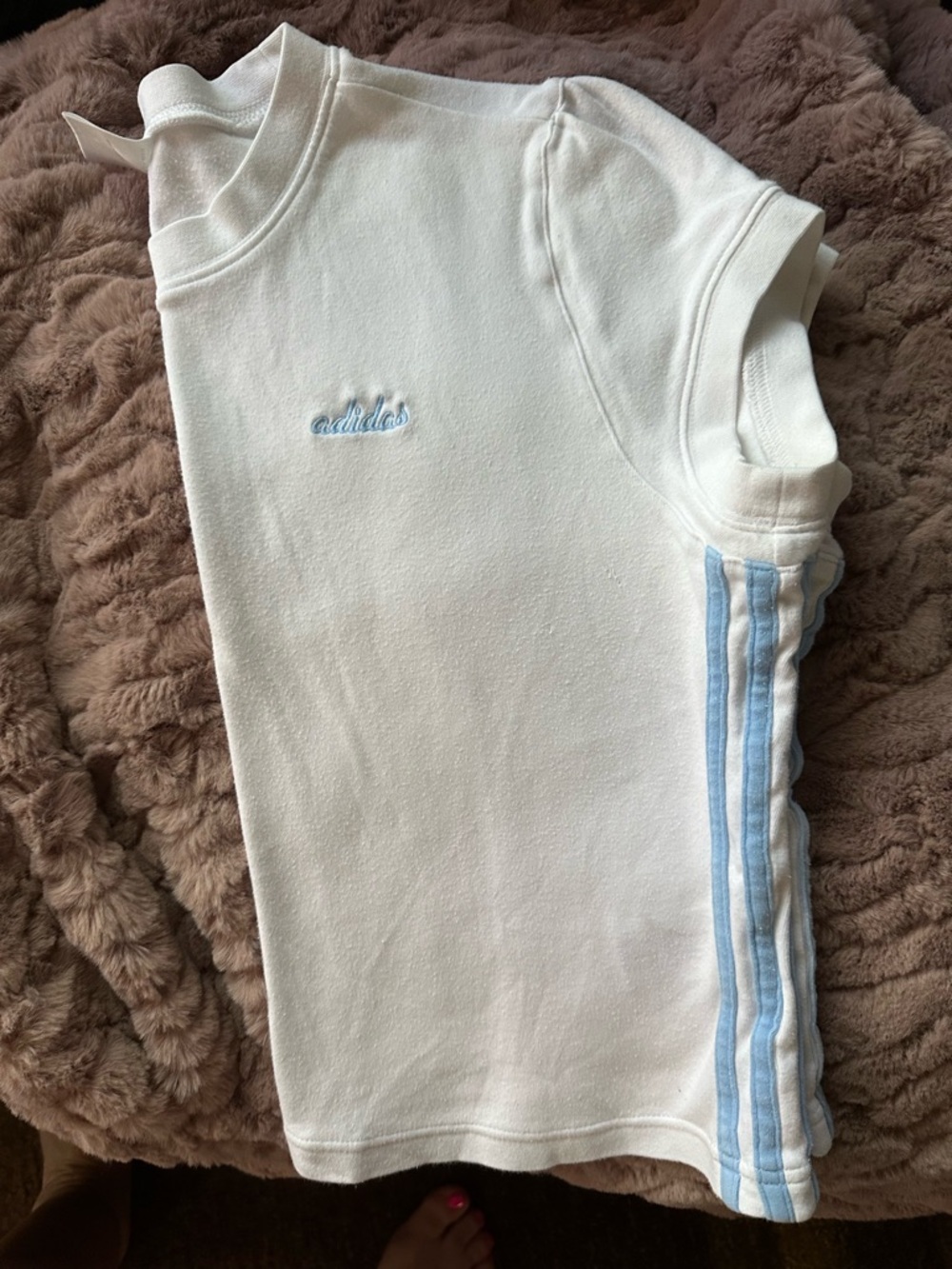 Adidas Women’s White Short-Sleeve Tee with Light Blue Stripes